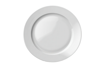 Empty white plate isolated on a transparent background showcasing its smooth surface and simplicity for use in culinary designs or presentations