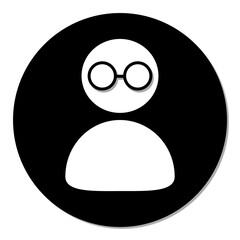 A simple, clean, flat, graphic minimalist icon of a user profile with glasses, account. It shows a white silhouette of a person's head and shoulders inside a solid black circle