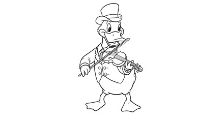 Fototapeta premium Dapper Duck Violinist: A Monochrome Cartoon Illustration.