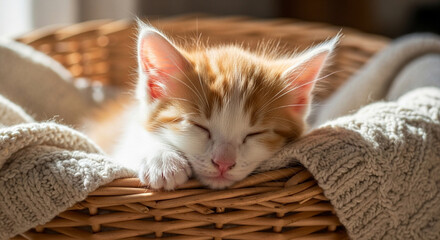 Photo of a fluffy ginger and white kitten peacefully sleeps nestled in a cozy wicker basket lined with a soft knitted blanket