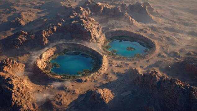 Two turquoise pools nestled in a desert crater - Powered by Adobe