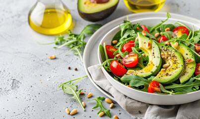 Fresh avocado and tomato salad with olive oil for healthy eating concept