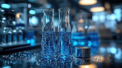 Monochromatic Laboratory Scene with Focused Glass Vial and Shelved Reports