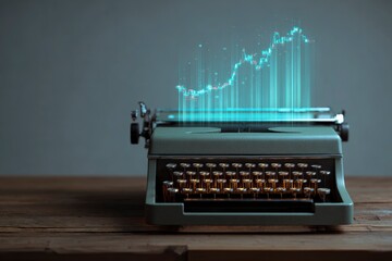 An olivegreen typewriter with glowing keys and a projected blue stock chart rising above its carriage