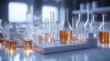 Monochromatic Laboratory Scene with Focused Glass Vial and Shelved Reports