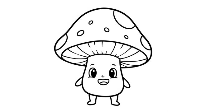 Whimsical Mushroom Character with Spots Smiling Black and White Line Art.