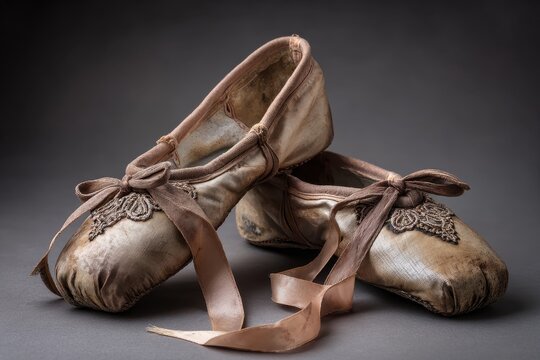 Ballet shoes exhibit unique craftsmanship and age in a detailed close-up display showcasing intricate textures and wear against a neutral background