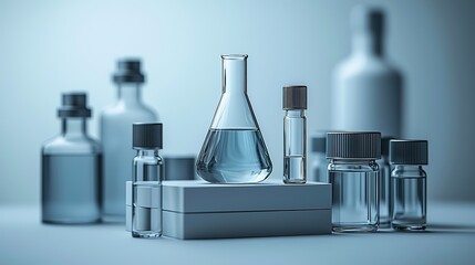 Monochromatic Laboratory Scene with Focused Glass Vial and Shelved Reports
