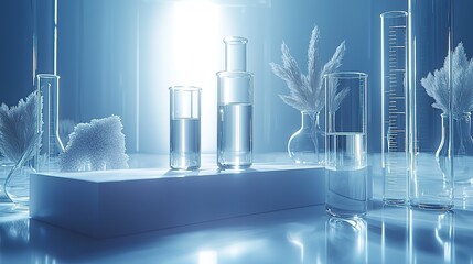 Monochromatic Laboratory Scene with Focused Glass Vial and Shelved Reports