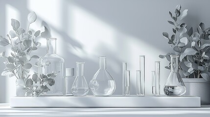 Monochromatic Laboratory Scene with Focused Glass Vial and Shelved Reports