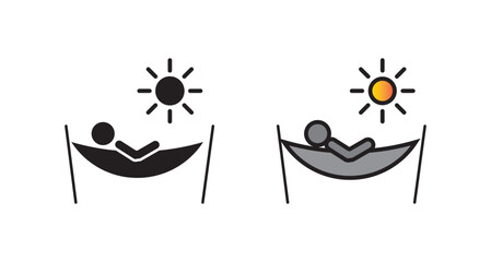 Person in hammock icon collection in black and white and colored style.Person relaxing on hammock icon thin flat outline style vector sign
