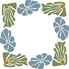 Art Nouveau Frame. Groovy Floral seamless border in Matisse vibes. Trendy Naive Floral Vector Background in 1970s. Can be used for Print on fabric, wrapping paper, wallpaper.