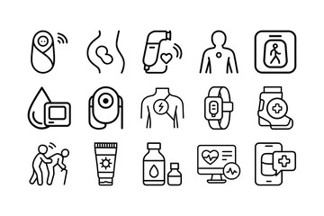 Patient monitoring and treatment outline icon set. Healthcare technology line icon pack. Infant, Pregnancy, Fetal doppler, Posture, Hydration, Activity, UV sensor, Pain monitor, AI Health, Medical