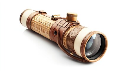 Close-up shot of a vintage-style telescope with leather and bamboo accents creating a sense of