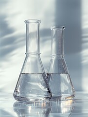 Monochromatic Laboratory Scene with Focused Glass Vial and Shelved Reports