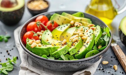 Fresh avocado salad with cherry tomatoes spinach and pine nuts in bowl