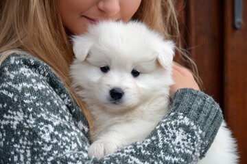 Woman enjoys cuddle time with a fluffy white puppy in cozy sweater during a winter afternoon