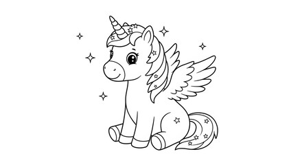 Fototapeta premium Adorable Winged Unicorn: Line Art Coloring Page Magical Creature Whimsical Stars.