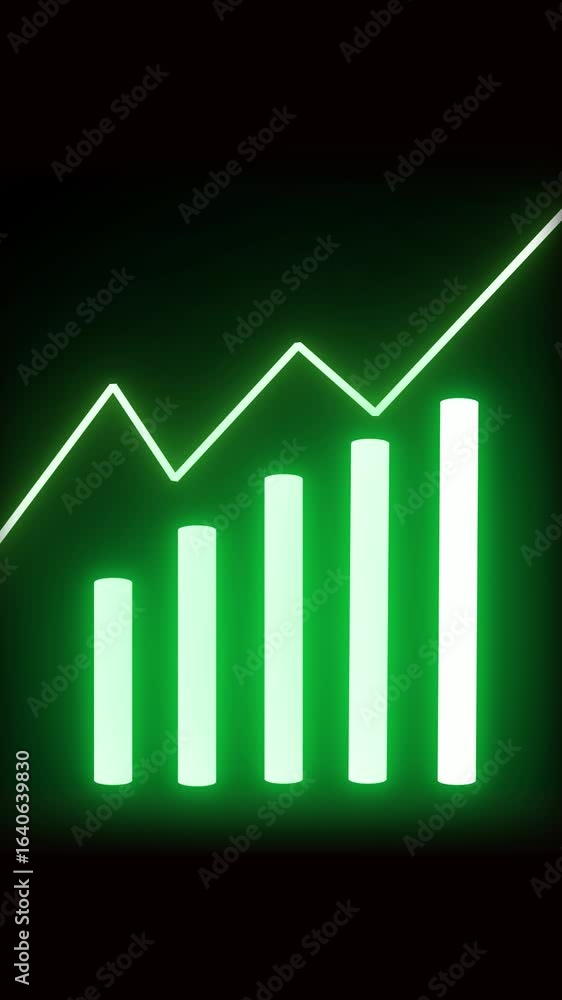 Poster rising green stock chart with bar graphs and line. upward trend animation vertical video. animated g