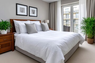 Elegant modern bedroom with white bedding and wooden furniture in bright natural light