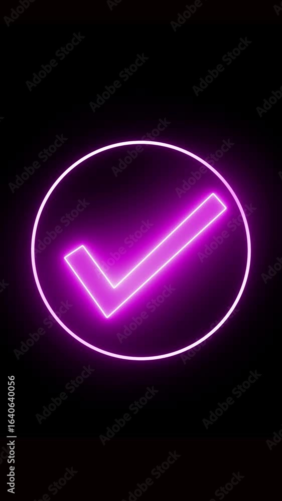 Poster glowing violet tick inside circle symbol vertical video. animated neon check mark inside a circle gl