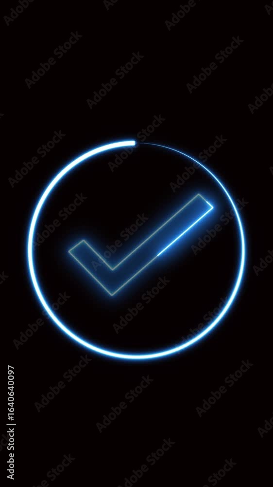 Poster animated blue check mark inside glowing circle vertical video. neon check mark in a circle signifyin