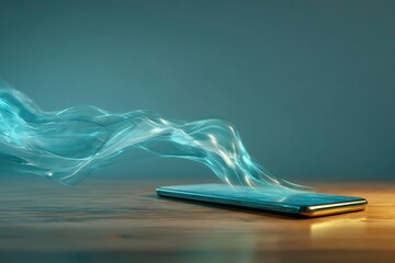 A smartphone lies on a wood surface with ethereal lightblue waves emanating from it