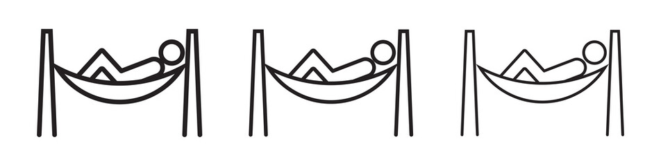 Person in hammock icon collection in black and white and colored style.Person relaxing on hammock icon thin flat outline style vector sign
