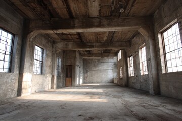 Abandoned industrial building interior featuring worn concrete surfaces, large windows, and natural light highlighting the forgotten space