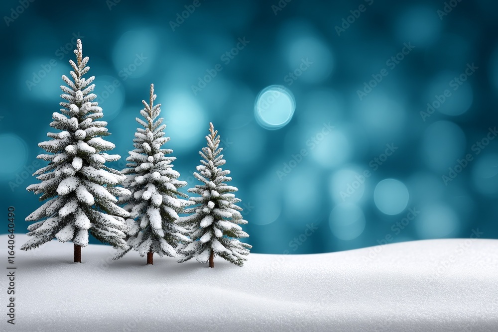 Poster snowy pine trees on winter scene with bokeh background