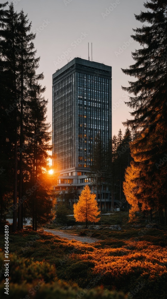 Aufkleber a tall building with a large tree in front of it