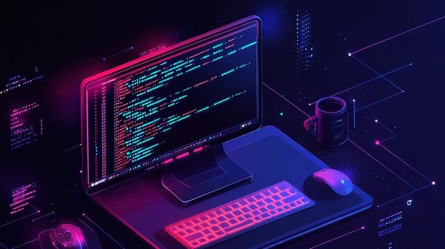 Computer showing source code on monitor with keyboard, mouse, and mug in isometric view