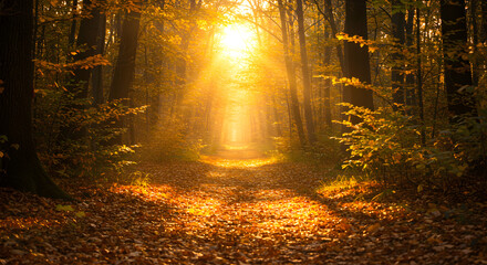 Obraz premium Warm golden sunbeams illuminate a path through a vibrant autumn forest, casting long shadows on fallen leaves.