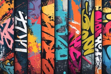 Colorful abstract graffiti poster showcasing vibrant tags and unique styles in an urban setting with a dynamic artistic flair