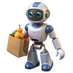 Naklejka premium Friendly robot carrying a grocery bag filled with fresh produce