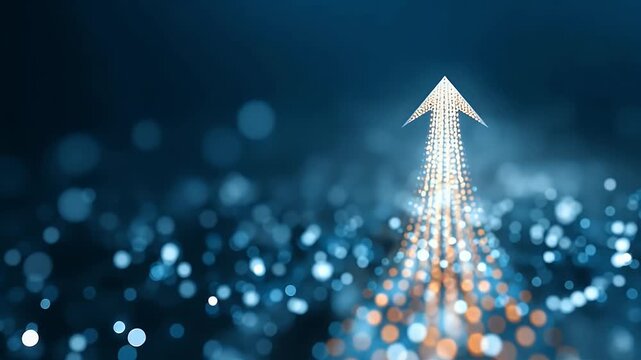 
Blue background with glowing arrows growing upwards, a blue arrow pointing up and going towards a success or growth concept in a business 