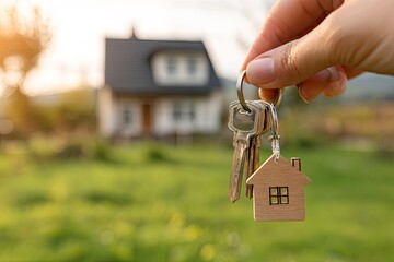 House Keys Held in Hand with House in Background