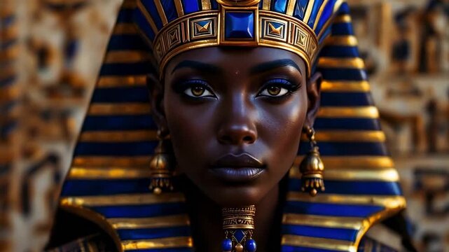 Portrait of a regal Black woman adorned in Egyptian pharaonic regalia