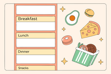 Cute illustrated weekly meal planner with breakfast lunch dinner and snacks sections decorated with fun food icons and sparkling stars