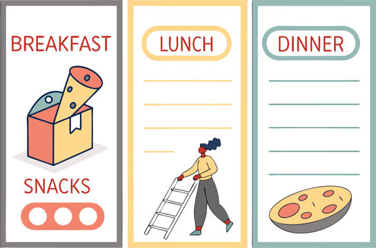 A visual guide to planning meals for breakfast lunch and dinner with a person using a ladder and food imagery