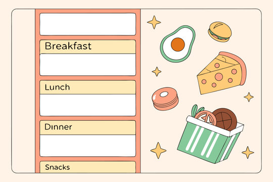 Cute illustrated weekly meal planner with breakfast lunch dinner and snacks sections decorated with fun food icons and sparkling stars