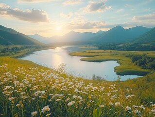 A panoramic view of a rural landscape with a winding river and distant mountains, illustrating natural beauty, 8k, realistic