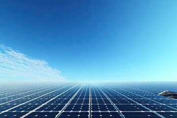 A panoramic view of a solar farm with rows of solar panels under a clear blue sky, showcasing renewable energy, 8k, realistic