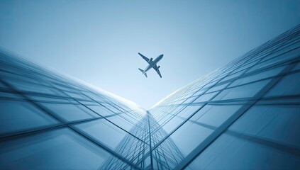 Airplane Flying Over Modern Glass Skyscraper