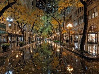 Fototapeta premium Autumn Reflection on Wet Urban Street