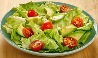 Fresh salad bowl with lettuce avocado and tomato on wooden table