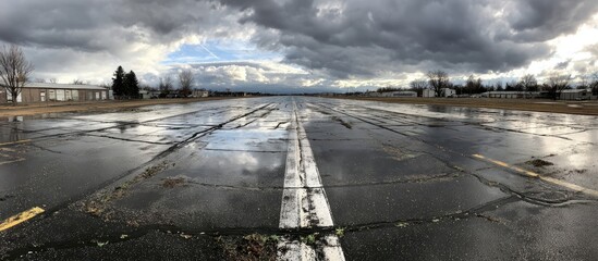 Empty, wet runway under a stormy sky