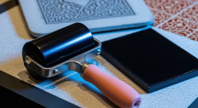 Printmaking Tools on Ceramic Tile: Rubber Brayer, Gel Plate, and Stamp for Creative Arts