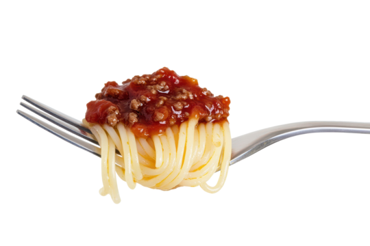 Spaghetti with sauce bolognese elegantly perched on a fork, ready to be enjoyed in a classic dining setting perfect for pasta lovers