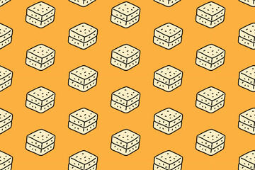 Sandwich crackers seamless pattern on yellow background. Tofu Asian food colorful doodle pattern background. Cream biscuit isolated motif wallpaper. Snack food packaging and merchandise